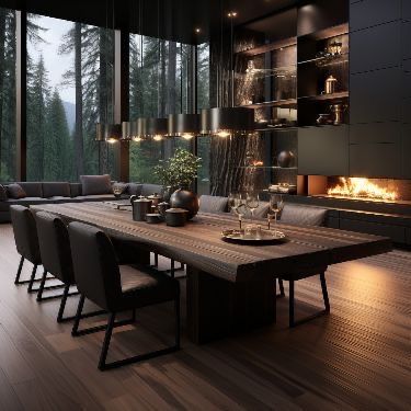 Dark Dining Room Aesthetic, Wood And Black Dining Room, Dark Modern Dining Room, White Rustic Interior, Mew House, Masculine Dining Room, Dark House Interior, Dark Houses, Wall Panel Ideas