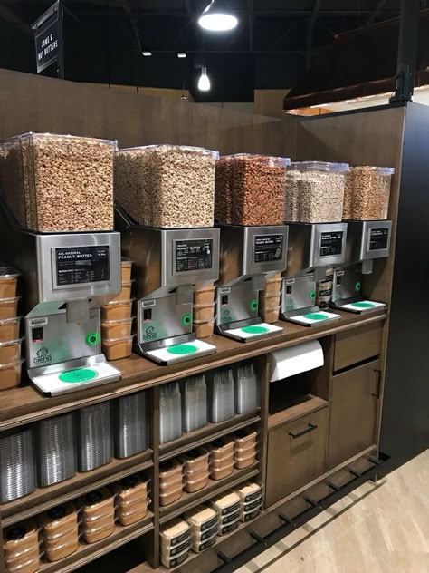 Smoothie Bar Ideas, Spice Business, Peanut Butter Machine, Granola Brands, Zero Waste Grocery Store, Zero Waste Grocery, Nut Butter Recipes, Grand Open, American Candy