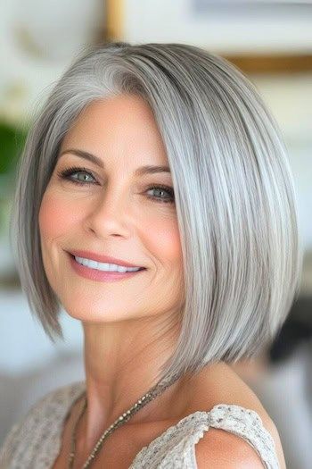 Save this pin for the best gray bob hairstyles for older women. Gray hair shines beautifully with this smooth, straight style. This sleek bob adds definition to the jawline and cheekbones. Grey Bob With Bangs, Gray Bob Hairstyles, Gray Bob, Haircut Gray Hair, Bang Hair, Grey Bob Hairstyles, Grey Bob, Line Bob Haircut, Mom Hair