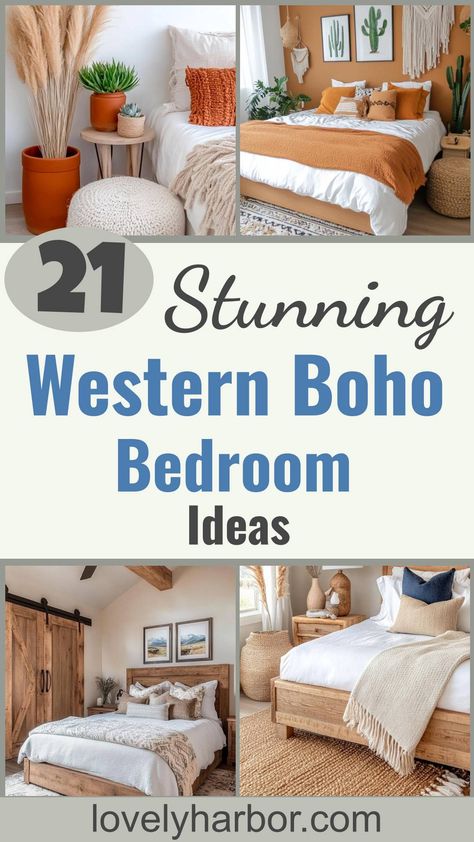 21 Stunning Western Boho Bedroom Ideas To Inspire You Bedroom Boho Aesthetic, Rustic Orange Bedroom, Western Boho Bedroom Ideas, Western Boho Bedroom, Relaxed Bedroom, Boho Farmhouse Bedroom, Girls Boho Bedroom, Boho Master, Cozy Eclectic