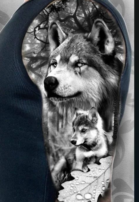 Wolf And Cub Tattoo Design, Badass Sleeve Tattoos, Wolf Girl Tattoos, Wolf Pack Tattoo, Wolf Tattoo Forearm, Husky Tattoo, Cubs Tattoo, Wolf Tattoos Men, Wolf Tattoo Sleeve