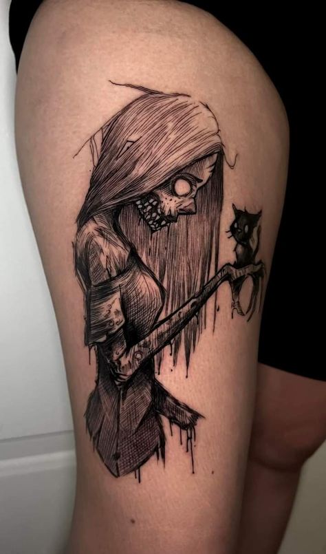 Feminine Dark Tattoos, Dark Creepy Tattoos, Creepy Tattoo Stencil, Creepy Small Tattoos, Scary Tattoos Women, Gothic Thigh Tattoo, Gothic Knee Tattoo, Tattoo Ideas Creepy, Small Scary Tattoos