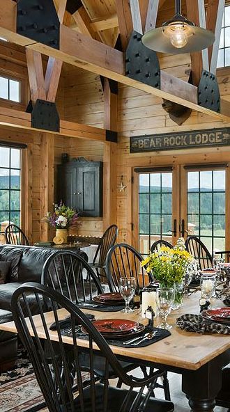 Log home with black as an accent color #log #homes Log Home Interior, Cabin Interior Design, Log Cabin Living, Log Cabin Interior, Log Home Interiors, Log Cabin Ideas, Face Plates, Log Home Decorating, Log Cabin Decor