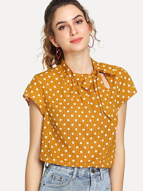 Cutout Tie Neck Polka Dot Top -SheIn(Sheinside) Future Outfit, Polka Dot Shirt, Top Shirt Women, Shirt Blouses Tops, Tie Neck, Kurti Designs, Dot Tops, Blouse Styles, Polka Dot Top