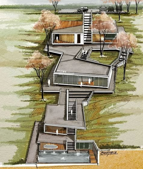 Slope Houses Architecture, Slope Design Architecture, Sloping Architecture, Sloped Architecture, Slope House Design Floor Plans, Slope House Design Architecture, Building On Slope, Slope Villa, Houses On A Slope