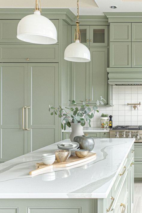 Sage Kitchen Cabinets Modern, Kitchen Inspirations Green Cabinets, Sage Green Kitchen Cabinets Silver Hardware, Duck Egg Green Kitchen, Contemporary Kitchen Design Ideas Modern, Green Kitchen Ideas Decor, Sage Green House Interior, Clary Sage Cabinets, Light Sage Green Kitchen Cabinets