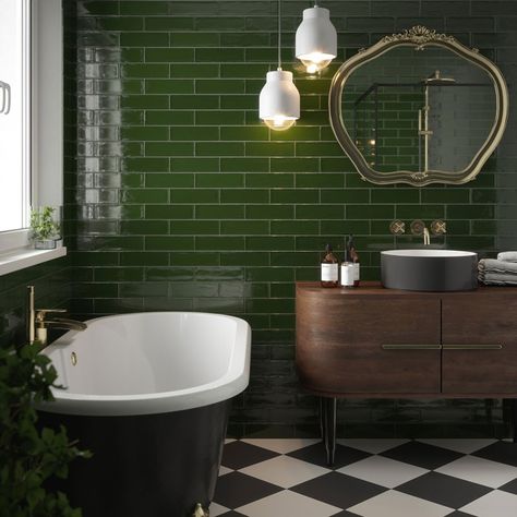 Brick Style Tiles, Bathroom 2023, Brick Bathroom, Dark Green Bathrooms, Green Tile Bathroom, Johnson Tiles, Green Tiles, Art Deco Bathroom, Metro Tiles