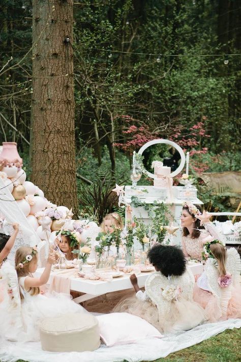 Kara's Party Ideas Woodland Fairy Tea Party | Kara's Party Ideas Floral Balloon Garland, Tent For Wedding, Fairy Tea Party, Lace Teepee, Woodland Fairy Party, Woodland Party Theme, Animal Themed Birthday Party, Fairy Garden Birthday Party, Fairy Tea Parties