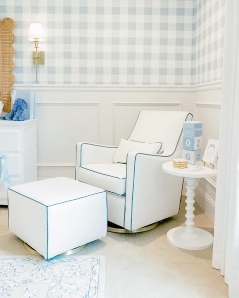 When your dream nursery comes together. This sweet baby boy’s room features our Luca Glider and Ottoman in our Performance Microfibre White with Denim Blue Piping, both with a gold swivel base. We love the pop of blue 🩵 #montedesign Pastel Blue Nursery, Blue And White Nursery Boy, Preppy Boy Nursery, Blue And Green Nursery, Dream Nursery, Blue Nursery Girl, Light Blue Nursery, Blue Nursery Boy, Glider And Ottoman