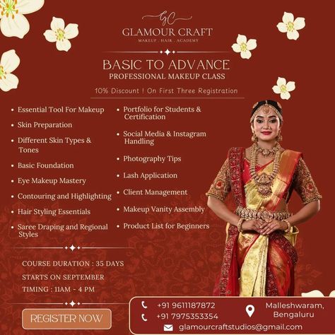 🎨 Become a Certified Makeup Artist with Glamour Craft Academy! 🎨 Enroll in our comprehensive 35-day Professional Makeup Class this September in Bengaluru! 💄 Gain hands-on experience in skin preparation, eye makeup mastery, and client consultation. 🌺 Whether you’re a beginner or an aspiring pro, this course covers everything you need! Register early and enjoy a 10% discount on your fees! 🌼 . 📍 Location: Malleshwaram, Bengaluru 🕒 Time: 11:00 AM to 4:00 PM 📞 Contact us at +91 9611187872 / +91 7... Client Consultation, Makeup Artist Course, Makeup Courses, Hair Academy, Makeup Portfolio, Makeup Course, Makeup Class, Highlighter Makeup, Contouring And Highlighting