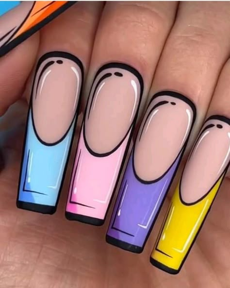 Pop Up Art Nails, Cartoon Nail Trend, Long Hair Pretty Nails, Cartoon Effect Nails, Pop Nail Art Designs, Pop Up Nails, Nail Inspo Cartoon, Pop Up Nail Art, Cartoon French Tip Nails