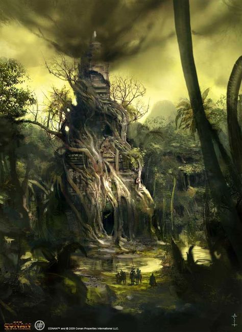 Pond of Fear Concept Art - MMORPG.com Age of Conan: Unchained Galleries Fairy Tree Houses, Hollow Tree, Pixie Hollow, Magic Treehouse, Fairy Tree, House Illustration, Fantasy City, Fantasy Setting, Fantasy Places