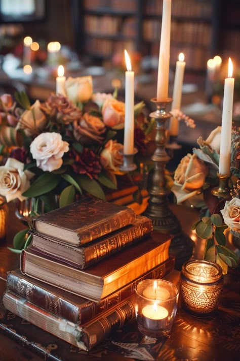 Discover the magic of a love story unfolding within the walls of a nostalgic library. Wedding favors tucked between classic tales and beneath the glow of golden lights, offer a backdrop steeped in romance 📖✨. #WeddingInspiration #VintageWedding #RomanticDecor #LibraryWedding #BookLover #AmberLighting #AntiqueDecor #TimelessLove Elegant Library Wedding, Vintage Book Wedding Centerpieces, Academia Wedding Aesthetic, Booklover Wedding, Library Wedding Aesthetic, Bookish Wedding Ideas, Romantic Vintage Wedding Decorations, Book Wedding Theme, Bookworm Wedding