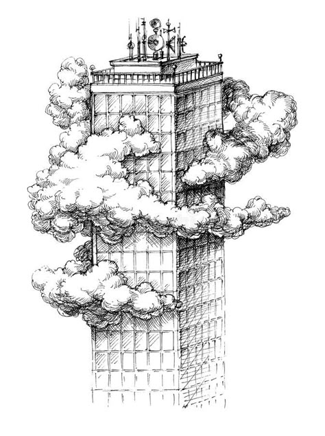 Skyscraper Sketch, City Drawing, Retro Cartoon, Free Illustration, In The Clouds, Free Illustrations, The Clouds, Art Drawings Sketches, Architecture Drawing