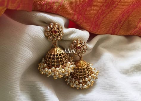 Antique Finish Pearl Bunch Jhumkas From Emblish ~ South India Jewels Gold Jhumka Earrings, Gold Earrings Models, Antique Jewellery Designs, Antique Silver Jewelry, Pearl Necklace Designs, Gold Necklace Indian Bridal Jewelry, Gold Bridal Earrings, Antique Jewelry Indian, Indian Jewellery Design Earrings