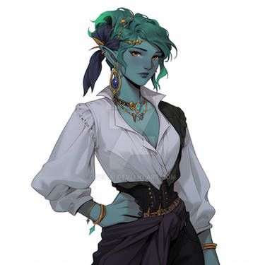 Pirate Dungeons And Dragons, Water Genasi Bard, Dnd Triton Female, Ocean Themed Dnd Character, Sailor Character Design, Elf Sailor Dnd, Water Genasi Female Character Design, Water Genasi Dnd, Water Elf