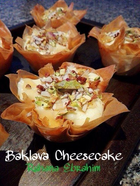 Baklava Cheesecake recipe by Ruhana Ebrahim Cheesecake Baklava, Sweet Meat Recipe, Baklava Cheesecake, Arabic Desserts, حلويات عربية, Middle Eastern Desserts, Baklava Recipe, Sweet Meat, Lebanese Recipes