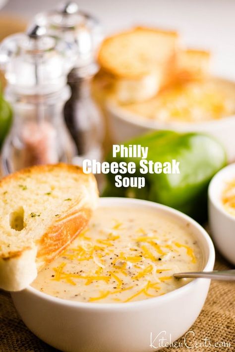 Cheese Steak Soup Recipe, Creamy Savory Recipes, Philly Cheese Soup, Philly Cheesesteak Soup Crockpot, Cheesesteak Potato Soup, Steak And Cheese Soup, Steak Ale Soup, Philly Steak Soup, Creamy Steak Soup