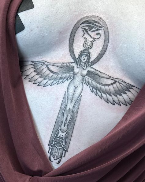 Emilee “Millie” on Instagram: "Walk like an Egyptian…sit like a mummy? 💀 Thank you for sitting like a corpse during this! ⚰️ makes my job SO much easier! • • • • @black.moon.tattoo #tattoo #tattoos #tattoosofinstagram #ancientegypt #egyptian #egyptiantattoo #scarab #eyeofthoth #ankh #blackandgreytattoo #lineworktattoo #ink #art #artist #tn #knoxville #easttn #knoxvilletattoo #ladytattooers #underbust" Egyptian Saying Tattoo, Ma’at Egyptian Goddess Tattoo, Ankh Chest Tattoo Female, Ankh Scarab Tattoo, Nephthys Tattoo, Egyptian Goddess Tattoos For Women, Ankh Design Art, Ma’at Tattoo, Anch Tattoo Egyptian