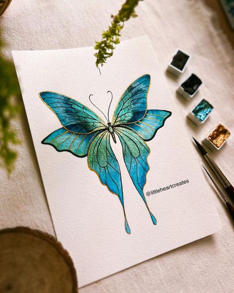 Chithra Shaan (@littleheartcreates) | Instagram Two Butterfly Drawing, Mini Canvas Butterfly Painting, Love Watercolor Art, Metallic Watercolor Butterfly, Paintings With Metallic Paint, Metallic Watercolor Art, Metallic Painting Ideas, Watercolor Butterfly Painting, Fantasy Butterfly Art