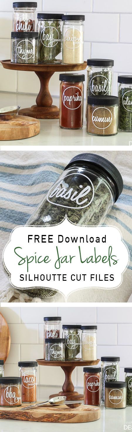 Free Silhouette cut files for your Spice Jars. Unique open design allows the beauty of the spice to be exposed. Tutorial and sources. Free Silhouette Files, Free Silhouette Cut Files, Spice Jar Labels, Storage Labels, Silhouette Curio, Spice Labels, Food Label, Spice Jar, Jar Labels