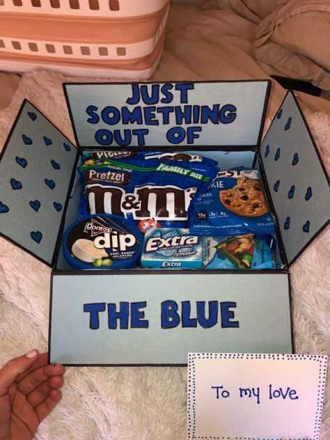 Bootcamp Care Package Ideas, Long Distance Boxes Boyfriends, May Care Package Ideas, Navy Blue Basket, Study Care Package For Boyfriend, Police Care Package Ideas, Marine Care Package Ideas, Pre Deployment Gifts, Long Distance Box Care Packages