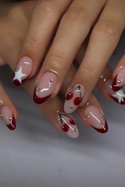 Swirly Red Nails, Thanksgiving Almond Nails Designs, Easy Biab Nails, Russian Manicure Design Fall, Red With Design Nails, Red Almond Nail Ideas, Nail Ideas Builder Gel, Aesthetic Nails 2024, Cool Nails 2024