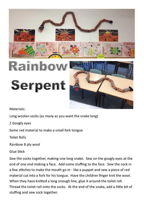 Finger knit a rainbow serpent using wool and cardboard cylinders.  You'll need a bunch of old woolen socks too! Finger Knit, Rainbow Serpent, Long Snake, Woolen Socks, Naidoc Week, Finger Knitting, Googly Eyes, Toilet Roll, A Rainbow