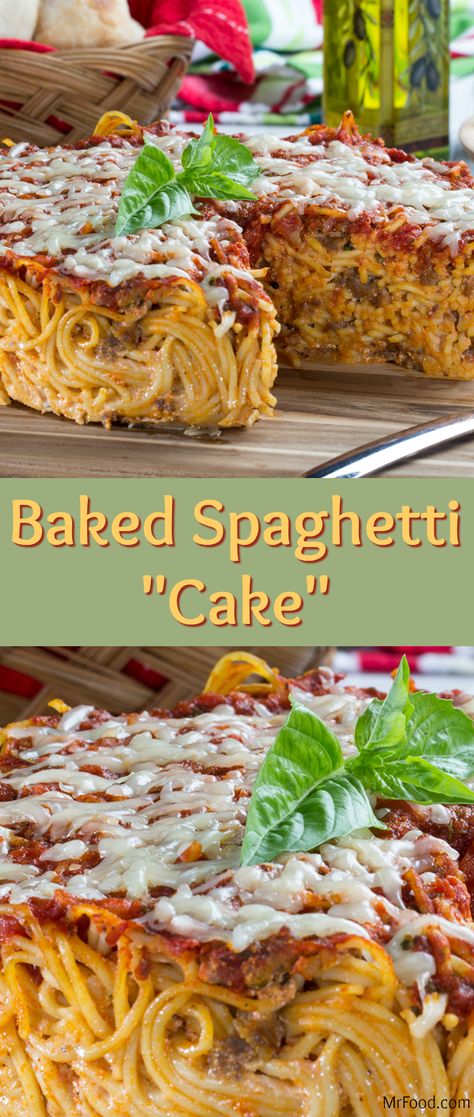 Imagine the surprise on everyone's faces when you tell them you're serving "cake" for dinner! Our Baked Spaghetti "Cake" is a tasty spaghetti dinner, that's baked in a springform pan (giving it its cake-like shape). It's loaded with lots of crumbled sausage, cheese, and fresh veggies. Not only is it a fun way to serve spaghetti to the family, but it's absolutely delicious too! Spaghetti Cake, Bake Spaghetti, Springform Pan Recipes, Bundt Pan Recipes, Mr Food, Bundt Recipes, Spaghetti Pie, Spaghetti Dinner, Pasta Dinner Recipes