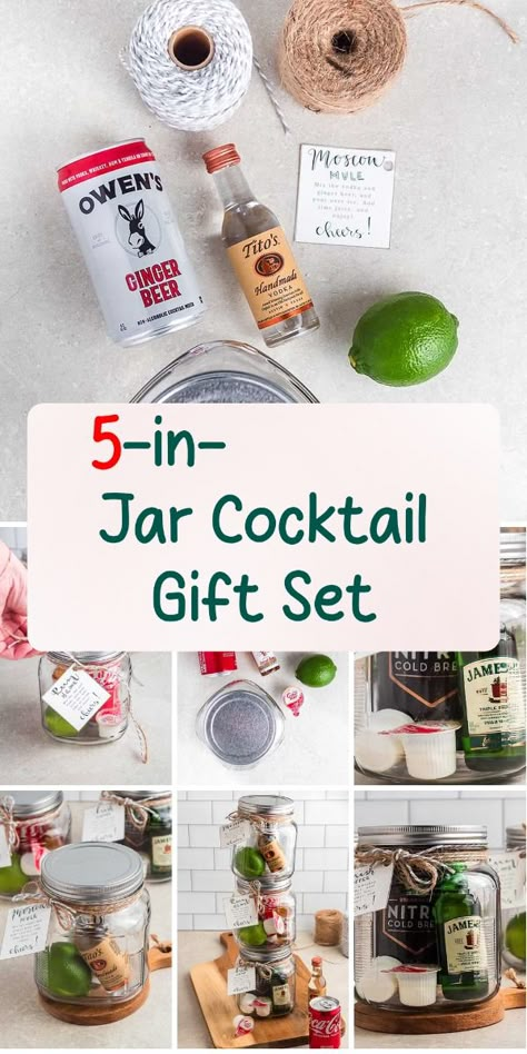 Elevate your cocktail game with this 5-piece gift set, including mason jars, straws, and coasters. Perfect for hosting or gifting to friends who love to entertain! Gift Drink Ideas, Drink In A Cup Gift, Mason Jar Cocktail Gifts Christmas, Mocktail Drink Kit, Mini Bottle Cocktails, Hot Toddy Gift Kits, Minibar In A Jar, Holiday Cocktail Kit Gift Diy, White Russian Gift Basket Ideas