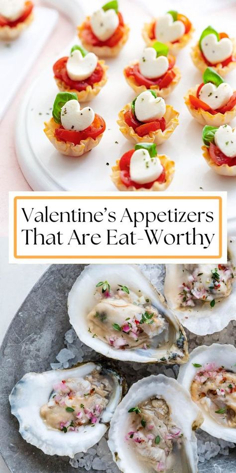 Article on 18 Valentine’s Appetizers. Valentines Day Catering Ideas, Valentines Themed Appetizers, Valentine’s Day Food Savory, Savory Valentines Food, Valentines Themed Dinner, Valentine Finger Foods, Valentine Menu Ideas, Galentines Dinner Menu Ideas, Valentine’s Day Brunch Ideas