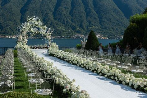 Giorgia Gabriele Wore a Custom Off-White Wedding Dress With a 26-Foot Train to Her Ceremony on Lake Como | Vogue Off White Wedding Dresses, Wedding Setup, Rustic Wedding Decorations, Dream Wedding Decorations, Lake Como Wedding, Dream Wedding Venues, Wedding Set Up, Dream Wedding Ideas Dresses, Future Wedding Plans