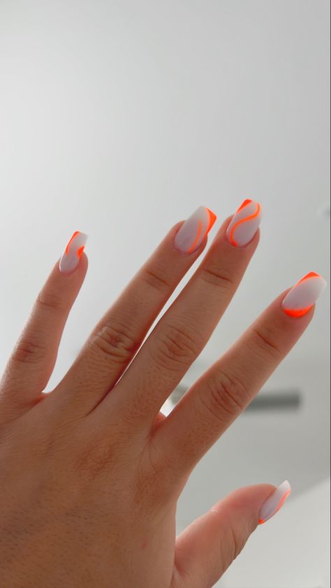 Square Nail Designs Orange, Trendy Orange Nails Short, Orange Graduation Nails, Hoco Nails For Orange Dress, White And Orange Nail Designs, Orange And White Short Nails, White With Orange Nails, White Nails With Orange Design, Milky White And Orange Nails