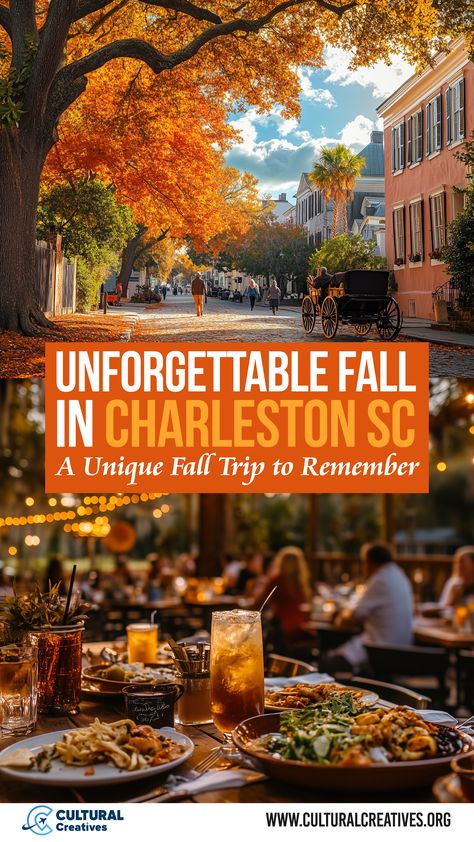 An autumn scene in Charleston SC featuring vibrant orange trees lining a historic cobblestone street, with a horse-drawn carriage and outdoor dining, capturing the essence of an unforgettable fall trip to remember. Charleston Sc In The Fall, Charleston Sc In October, Charleston Girls Trip, Charleston In The Fall, South Carolina Fall, Charleston Itinerary, Charleston Food, Fall Vacation, Mother Daughter Trip