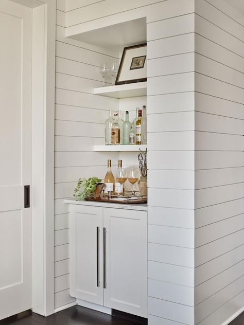 Wet Bar With Open Shelves Beverage Nook, Small Built In Bar, Small Home Bar Ideas, Bar Closet, Dry Bar Ideas, Bar Hutch, Atlanta Condo, Small Bars For Home, Wet Bar Ideas