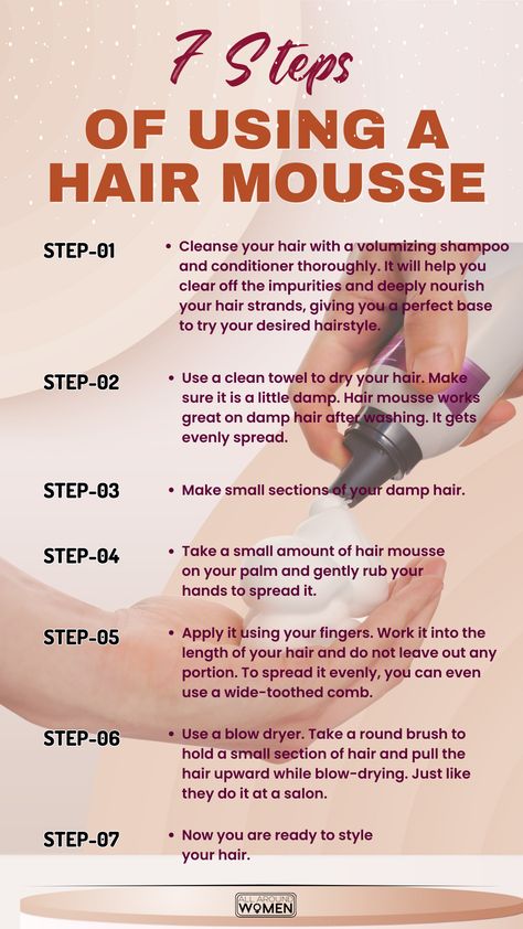 7 Steps Of Using A Hair Mousse Mousse Hair How To Use, How To Use Hair Mousse, Hair Mousse For Natural Hair, Hair Mousse How To Use, Protective Braids, Hair Salon Tools, Hair Washing, Hair Frizz, Volumizing Shampoo