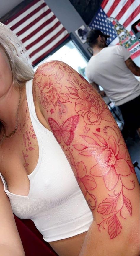 Both Arms Tattoo Woman, Red Arm Sleeve Tattoos For Women, All Red Sleeve Tattoo, Red Arm Sleeve Tattoo, Red Tattoo Sleeve For Women, Red Ink Thigh Tattoos Women, Red Tatoos Woman, Tattoo Sleeve Ideas Women, Red Sleeve Tattoos For Women