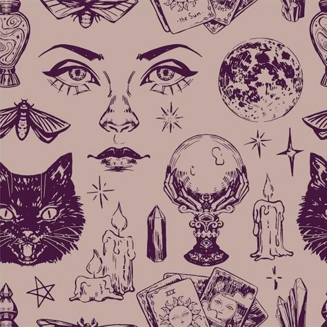 Vintage Halloween Pattern, Witchcraft Illustration, Bleached Clothing, Vintage Halloween Illustration, Celestial Halloween, Family Disappointment, Witch Vector, Witchy Pattern, Witchcraft Design