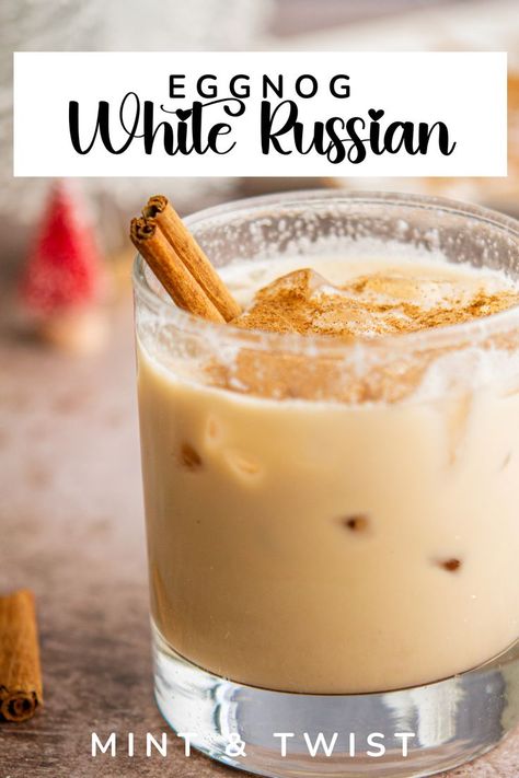 Upgrade your holiday cocktails with an Eggnog White Russian! Creamy eggnog, vodka, and coffee liqueur come together for a festive drink perfect for cozy nights. Egg Nog White Russian, Winter White Russian, Eggnog Espresso Martini, Eggnog Drinks Alcohol, Egg Nog Drinks Alcoholic, Eggnog Alcoholic Drinks, Eggnog White Russian, Eggnog Cocktails, Eggnog Cocktail Recipe