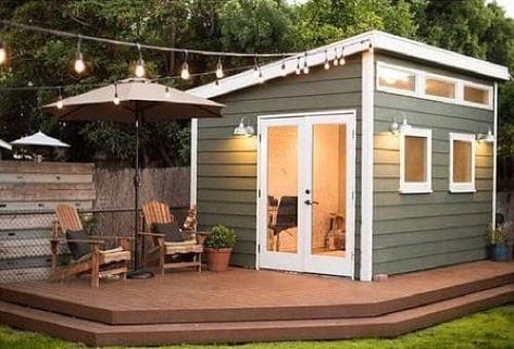 Turn an Ordinary Outdoor Shed Into the Ultimate She Shed - Dengarden - Home and Garden Small Outdoor Shed, Backyard Yoga, Sheds Ideas Backyard, Office Shed, Shed Office, Shed Decor, Bar Shed, Shed Ideas, Modern Shed