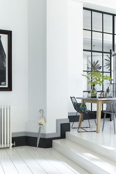 Wall: Loft White 222  Skirting (from top to bottom): Urbane Grey 225, Lamp Black 228 Perfect Grey Paint, Grey Paint, Grey Paint Colors, Skirting Boards, Design Del Prodotto, Wood Trim, Room Remodeling, White Paints, Home Interior