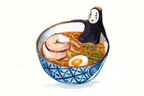 No Face In Ramen Bath Watercolor Painting By Penelope Studio Ghibli Watercolor, Ghibli Watercolor, Art Studio Ghibli, Send Noods, Personajes Studio Ghibli, Studio Ghibli Characters, Kitchen Art Prints, Studio Ghibli Movies, Studio Ghibli Art