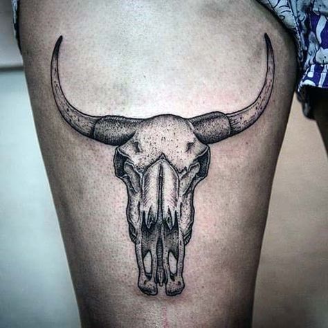 Dotwork Bull Skull Thigh Tattoo For Males Skull Tattoo Sleeve, Bull Skull Tattoo, Cow Skull Tattoos, Deer Skull Tattoos, Bull Skull Tattoos, Skull Tattoo Ideas, Emo Tattoos, Bull Tattoos, Taurus Tattoos