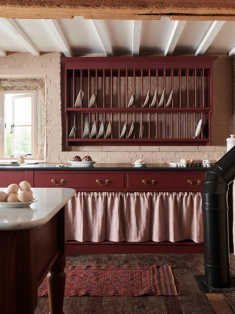 Burgundy Paint Colors, Burgundy Paint, Devol Kitchens, Heirloom Furniture, English Kitchens, Simple Furniture, Plate Racks, Shaker Kitchen, Cozy Kitchen