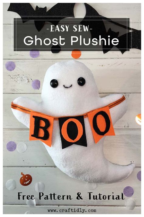 Easy Sew Ghost Plushie Free Sewing Pattern Book Ghost Diy, Halloween Stuffed Animals Diy, Easy Plush Pattern Free, Halloween Plush Pattern, Ghost Plushie Pattern, Diy Ghost Plush, Halloween Toys Diy, Felt Ghost Pattern Free, Halloween Plushies Diy