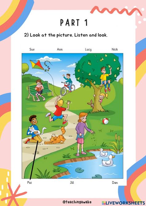 Starters Listening Practice Part 1 worksheet Listening Practice Activities, Picture Description Worksheets Grade 1, English Listening Practice, Comprehension For Grade 1, Cambridge Starters, Describing Pictures, Live Worksheet, Picture Story Writing, Sentences Kindergarten