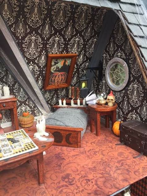 Haunted Castle Dollhouse, Creepy Dollhouse Diy, Goth Dollhouse Furniture, Gothic Dollhouse Furniture, Haunted Barbie House, Goth Doll House, Haunted Dollhouse Interior, Sams Study, Haunted Dollhouse Diy