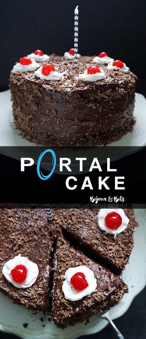 Portal cake recipe | Bijoux & Bits Video Game Dessert Ideas, Video Game Recipes, Portal Video Game, Portal Valve, Chocolate Cake With Whipped Cream, Geek Recipes, Portal Cake, Cake With Whipped Cream, Movie Food