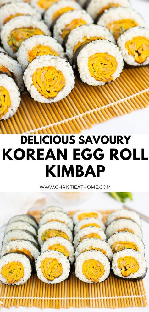 Korean Egg Roll Kimbap. A delicious savoury egg omelette with ham, garlic chives and carrots wrapped in sesame flavoured rice and seaweed. Perfect for breakfast, lunch, dinner or as a snack. Convenient if you already have cooked rice! #recipe #aesthetic #recipekorean #koreansushi #howtomake Asian Egg Recipe, Rice And Seaweed, Kimbap Recipe, Flavoured Rice, Korean Food Side Dishes, Korean Egg, Korean Breakfast, Best Egg Recipes, Asian Breakfast