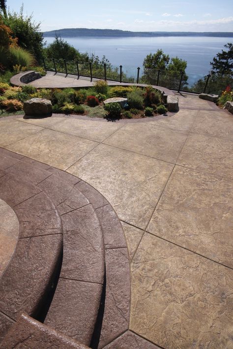 Stamped Concrete Patio Cost, Colored Concrete Patio, Stamped Concrete Colors, Deck Paint Colors, Stamped Concrete Patio Designs, Poured Concrete Patio, Concrete Stain Patio, Backyard Retaining Walls, Colored Concrete